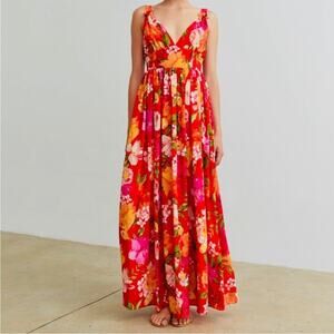 Ronny kobo sallee floral maxi dress red yellow tropical print Hawaii vacation M